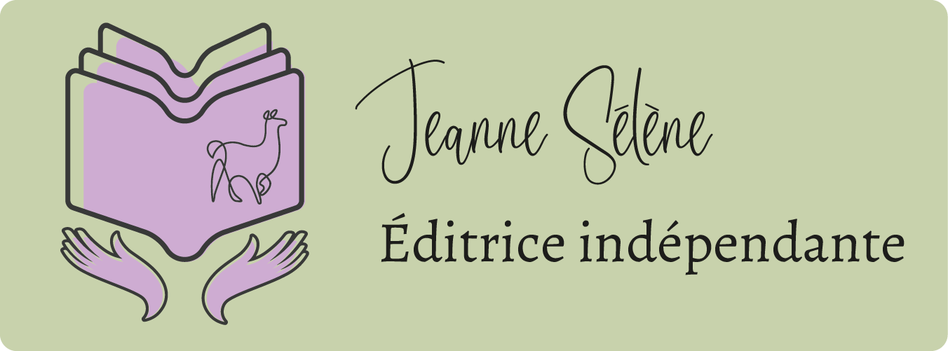 logo sur fond vert un livre ouvert violet avec un lama et deux mains ouvertes qui l'accompagnent en dessous texte Jeanne Sélène éditrice indépendante freelance