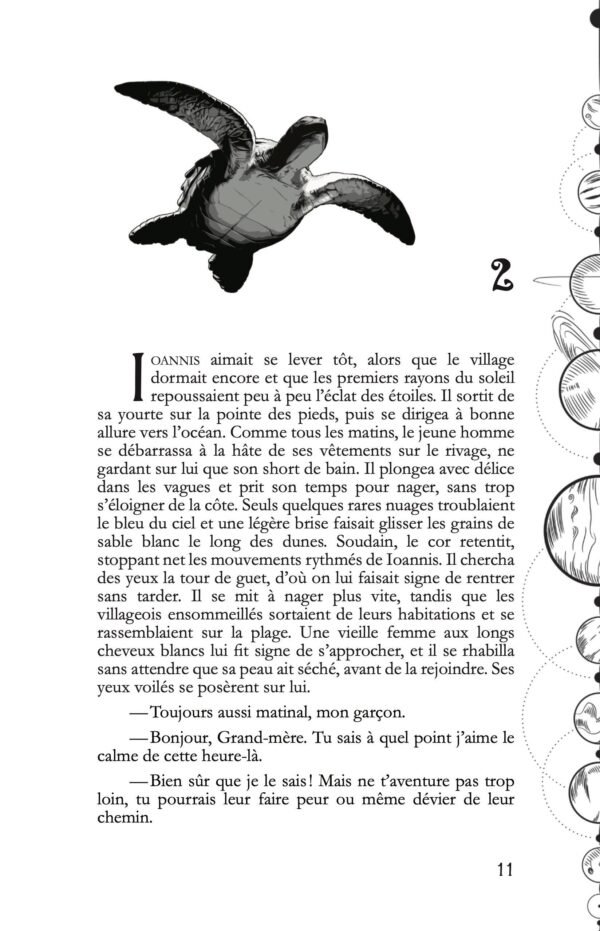 Exemple de mise en pages réalisée par l'éditrice Freelance avec une illustration de chapitre et une illustration le long de la tranche Il s'agit d'une belle page soit une page impaire
