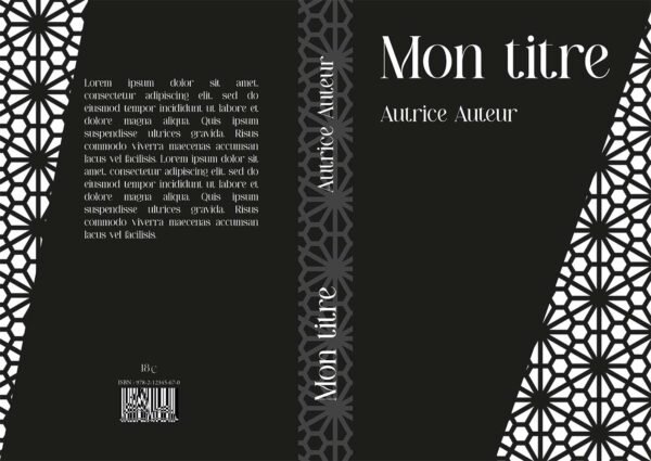 la couverture est noir et blanche avec une partie en motifs géométriques. Le titre et le nom de l'auteurice sont en blanc sur fond noir dans une police avec serif. le dos est avec les motifs géométriques en noir et gris foncé le dos présente une partie avec les motifs en noir et blanc et le résumé en blanc sur fond noir