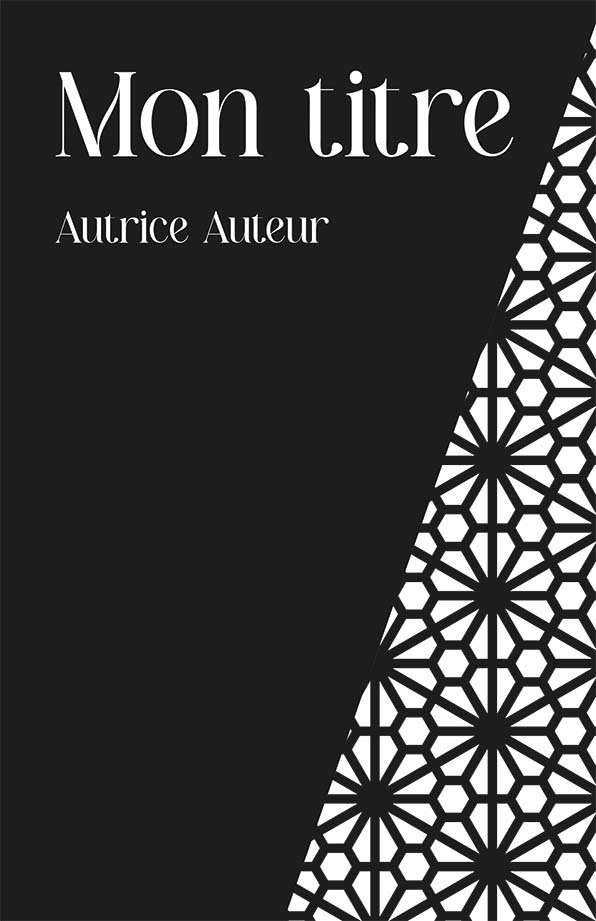 la couverture est noir et blanche avec une partie en motifs géométriques. Le titre et le nom de l'auteurice sont en blanc sur fond noir dans une police avec serif.