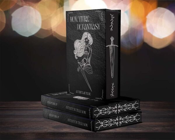 la couverture présente une illustration sous forme d'argentures avec le titre en haut le nom de l'auteurice en bas et une femme avec une épée et une armure au centre. Le livre présente un jaspage noir avec une épée et des arabesques.