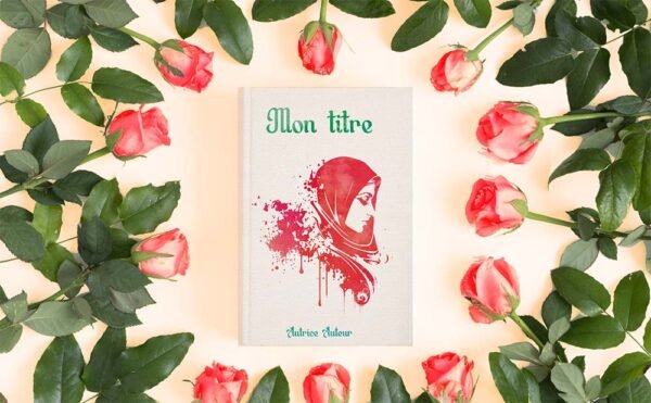 La couverture entourée de roses rouge pale La couverture présente un fond blanc texturé. Au centre un visage de femme voilée dans des tons rouges. En haut un titre en vert dans une police travaillée. En bas le nom de l'auteurice en vert dans la même police.