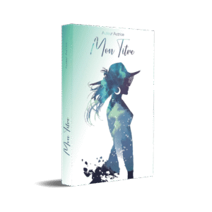 un mock up de la couverture livre présenté debout. On voit la silhouette d'une femme en bleu le titre est en police manuscrite et le nom de l'auteurice en police sans serif.