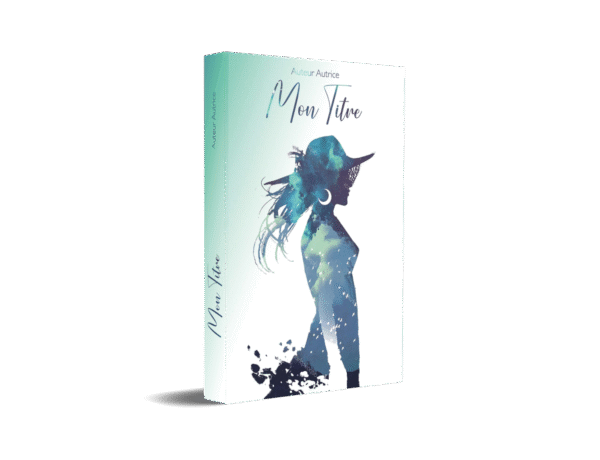 un mock up de la couverture livre présenté debout. On voit la silhouette d'une femme en bleu le titre est en police manuscrite et le nom de l'auteurice en police sans serif.