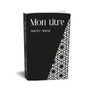 la couverture est noir et blanche avec une partie en motifs géométriques. Le titre et le nom de l'auteurice sont en blanc sur fond noir dans une police avec serif. Ici sous forme de mock up livre présenté debout