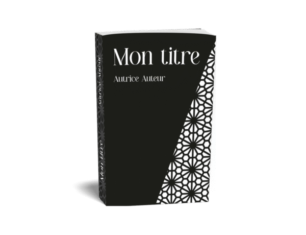 la couverture est noir et blanche avec une partie en motifs géométriques. Le titre et le nom de l'auteurice sont en blanc sur fond noir dans une police avec serif. Ici sous forme de mock up livre présenté debout