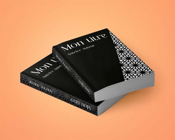 la couverture est noir et blanche avec une partie en motifs géométriques. Le titre et le nom de l'auteurice sont en blanc sur fond noir dans une police avec serif. mock up pile de deux livres