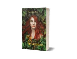 la couverture est un montage photo d'une femme rousse au milieu de feuilles de végétation elle porte une couronne sur la tête. Le titre est dans une police cursive avec des arabesques et elle est dorée. Elle est dans un mockup qui présente le livre en 3D présenté debout.