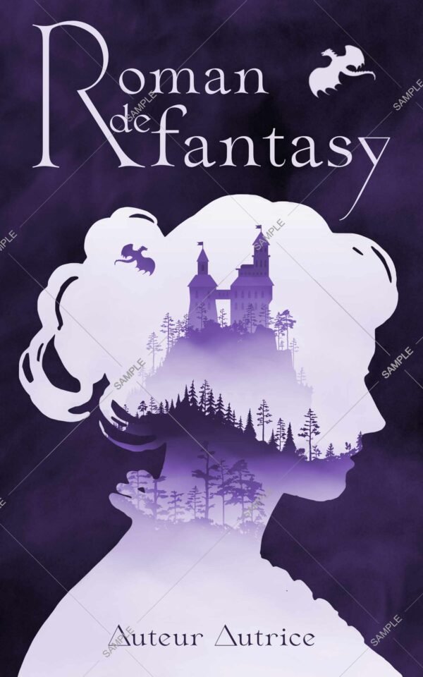 Couverture de roman de fantasy dans des tons violets. Une silhouette de femme tête et buste de profil cheveux attachés en double exposition renfermant une paysage de chateau dans la brume avec un dragon volant à côté des tours. Le titre en haut le nom de l'auteur en bas dans une police stylisée script.