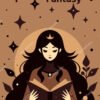 Couverture de roman de fantasy en flat design avec une femme portant une couronne en train de lire. Décor simple de feuilles, d'étoiles et d'une lune ronde. Les couleurs sont dans des tons marron.