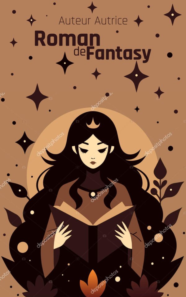 Couverture de roman de fantasy en flat design avec une femme portant une couronne en train de lire. Décor simple de feuilles, d'étoiles et d'une lune ronde. Les couleurs sont dans des tons marron.