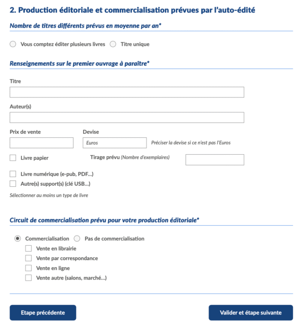 capture d'écran de la page 2 du formulaire de l'AFNIL pour obtenir des ISBN. On demande le nombre de titres par an, le titre, son prix, son auteur, le circuit de commercialisation