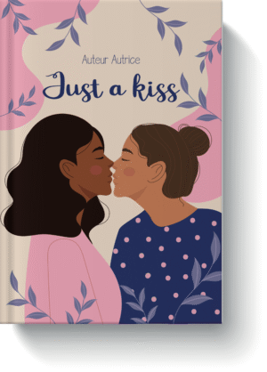 flat design une jeune femme à la peau foncée et aux cheveux noir embrasse une femme blanche aux cheveux châtains coiffés en chignon. Le fond est rose et beige avec des petites feuilles bleues.